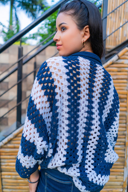 Navy White Striped Handmade Cropped Cardigan
