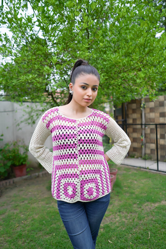 Pink Maroon Handmade Granny Square Dress